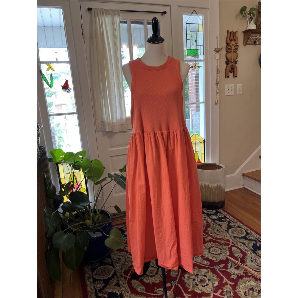 Old Navy 2X Midi Tank Dress Coral Pockets Mixed Media Ribbed Flowy Boho Sundress